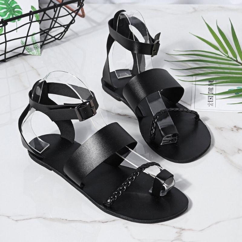 Dame Sommer Roman Black Clip Toe Spenne Strap Flat Sandaler