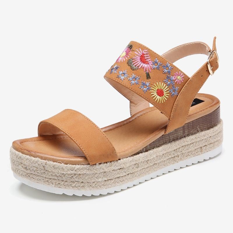 Espadriller For Dame Broderi Blomster Spenne Stropp Slingback Plattformsandaler