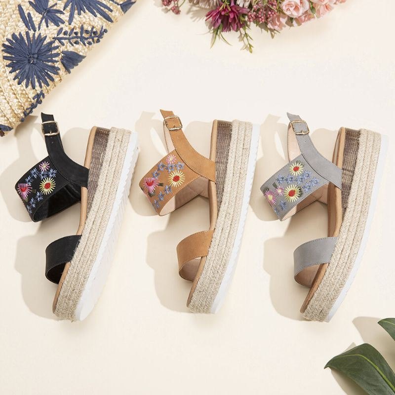 Espadriller For Dame Broderi Blomster Spenne Stropp Slingback Plattformsandaler