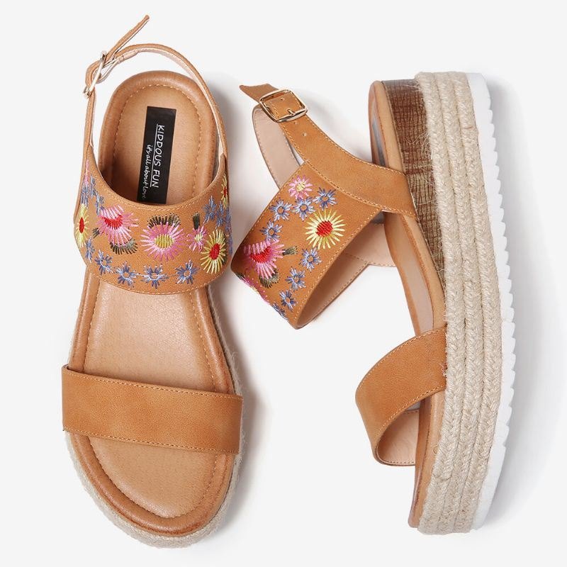 Espadriller For Dame Broderi Blomster Spenne Stropp Slingback Plattformsandaler