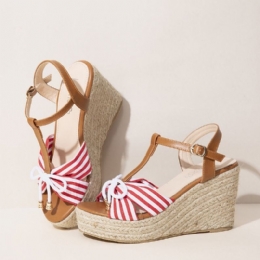 Espadriller For Dame Stripete T-stropp Kryssrem Casual Beach Wedge Sandaler