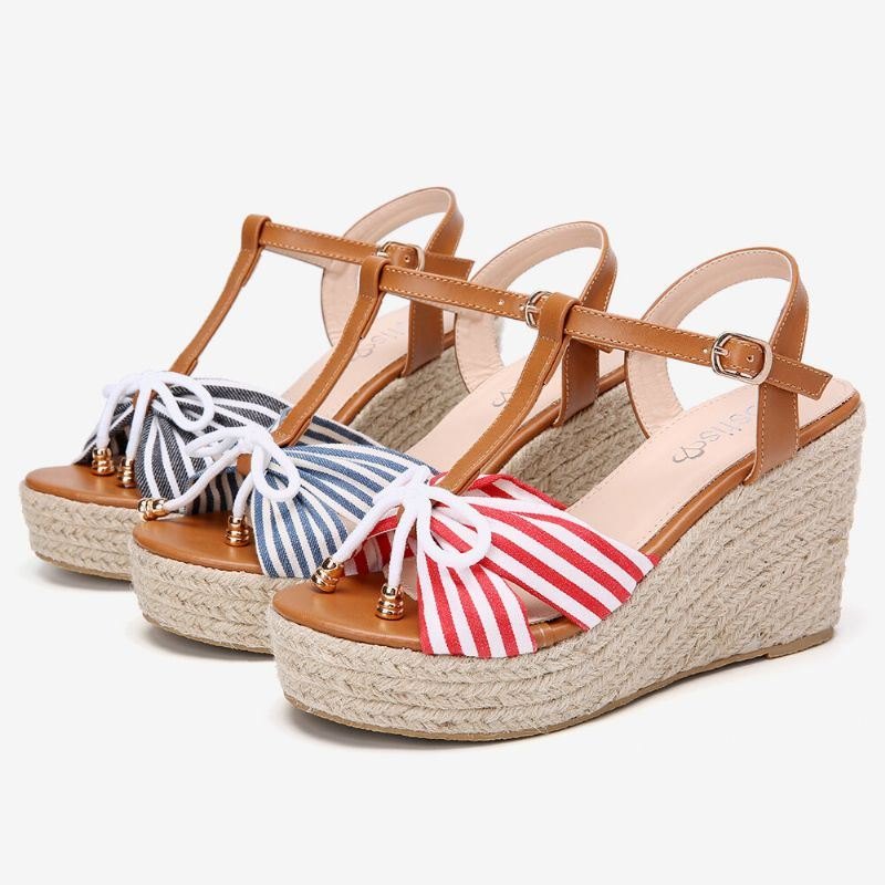 Espadriller For Dame Stripete T-stropp Kryssrem Casual Beach Wedge Sandaler