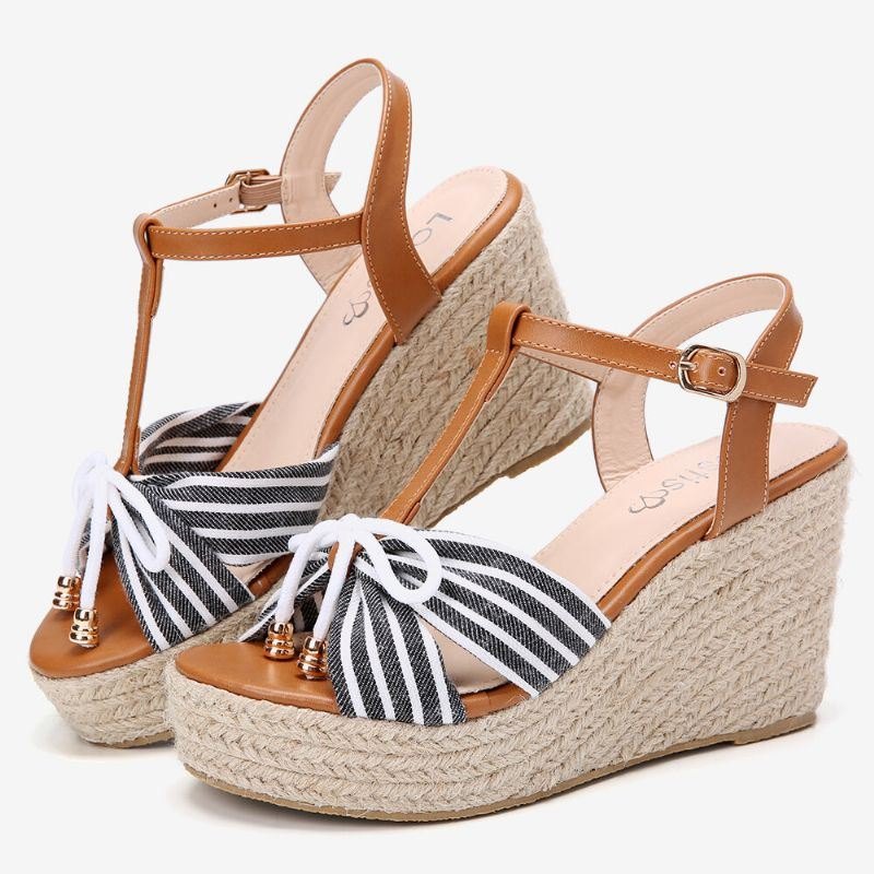 Espadriller For Dame Stripete T-stropp Kryssrem Casual Beach Wedge Sandaler