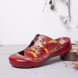 Håndlagde Kvinners Håndlagde Skinn Floral Elastisk Båndutskjæring Sying Slip On Slides Flat Mules Sandaler