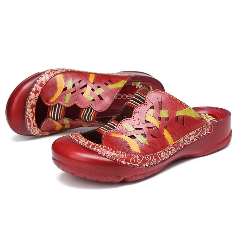 Håndlagde Kvinners Håndlagde Skinn Floral Elastisk Båndutskjæring Sying Slip On Slides Flat Mules Sandaler