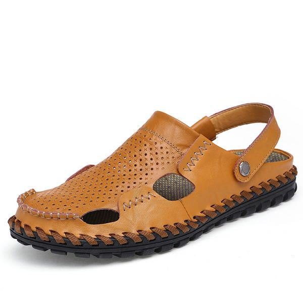 Herre Sommer Hollow Out Uformell Utendørs Mote Skinn Strand Myk Flat Sandal Sko