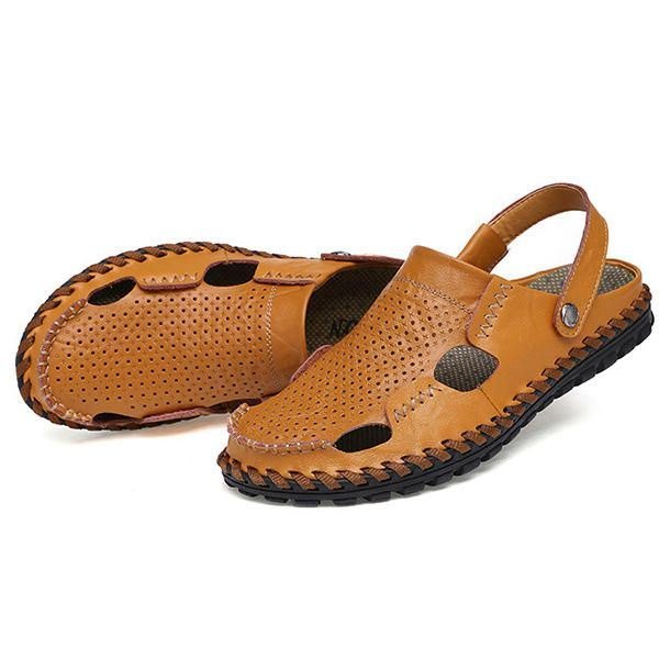 Herre Sommer Hollow Out Uformell Utendørs Mote Skinn Strand Myk Flat Sandal Sko