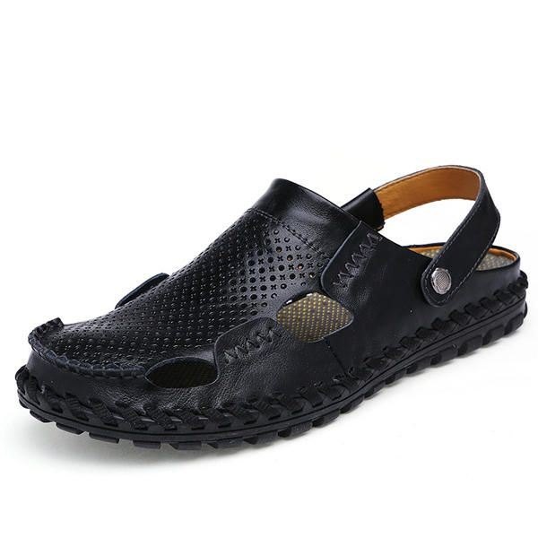 Herre Sommer Hollow Out Uformell Utendørs Mote Skinn Strand Myk Flat Sandal Sko