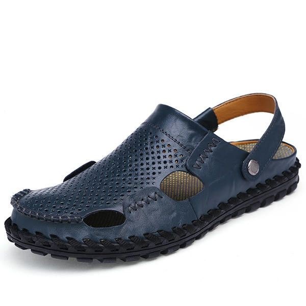 Herre Sommer Hollow Out Uformell Utendørs Mote Skinn Strand Myk Flat Sandal Sko