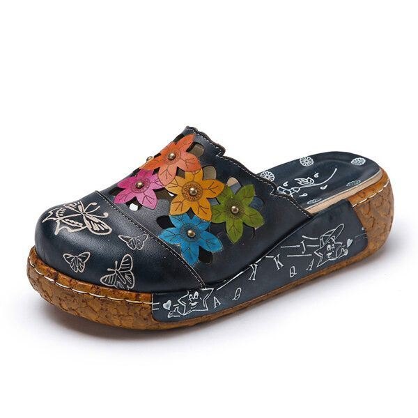 Originale Flower Wedge For Dame Retro Ekte Skinnsko