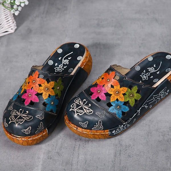 Originale Flower Wedge For Dame Retro Ekte Skinnsko