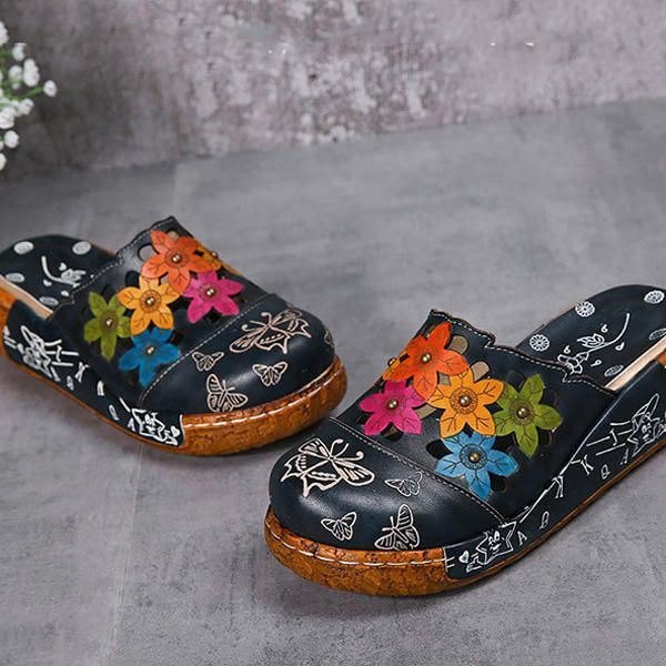 Originale Flower Wedge For Dame Retro Ekte Skinnsko