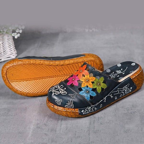 Originale Flower Wedge For Dame Retro Ekte Skinnsko