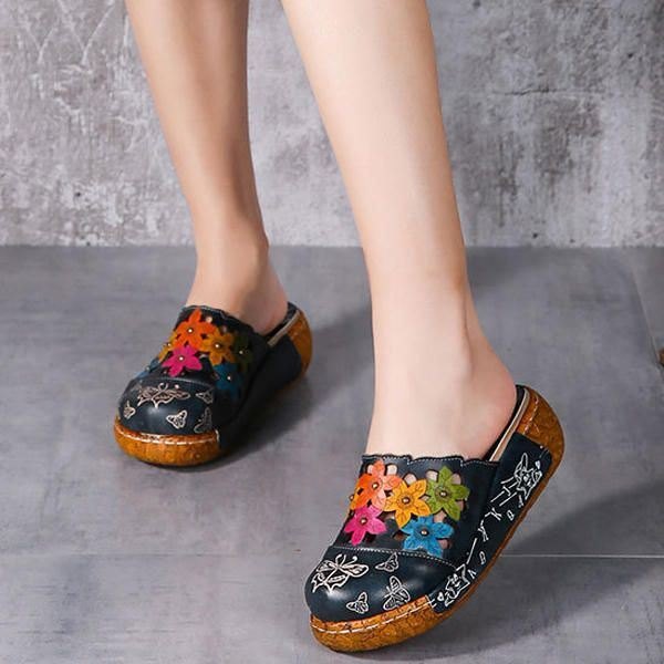 Originale Flower Wedge For Dame Retro Ekte Skinnsko