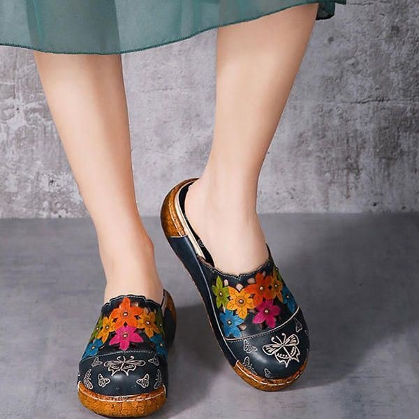 Originale Flower Wedge For Dame Retro Ekte Skinnsko