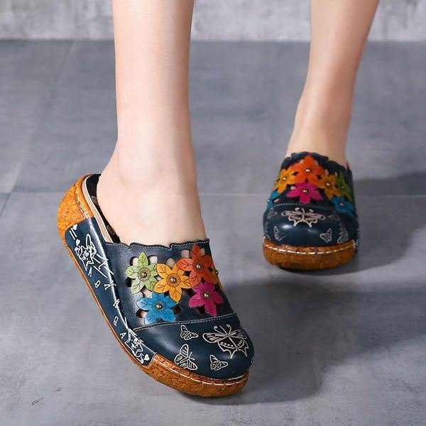 Originale Flower Wedge For Dame Retro Ekte Skinnsko