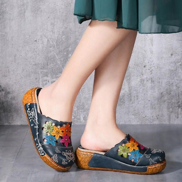 Originale Flower Wedge For Dame Retro Ekte Skinnsko