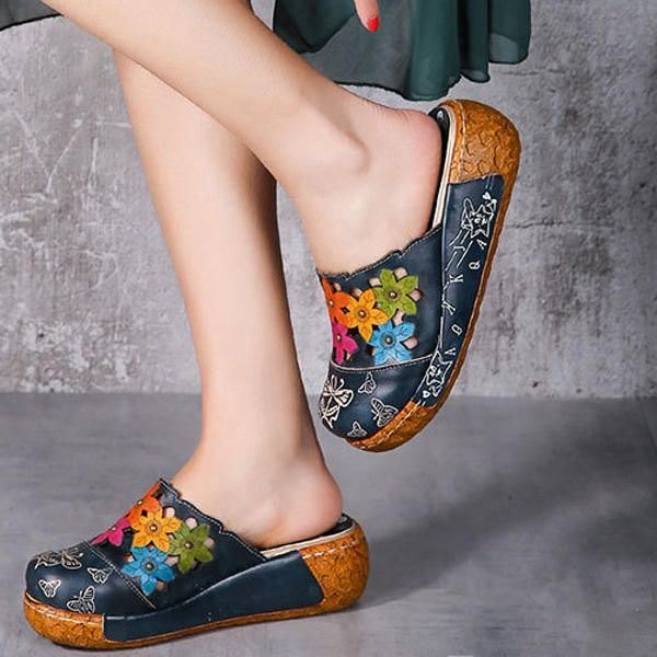 Originale Flower Wedge For Dame Retro Ekte Skinnsko