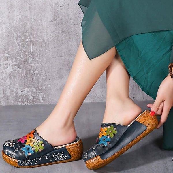 Originale Flower Wedge For Dame Retro Ekte Skinnsko