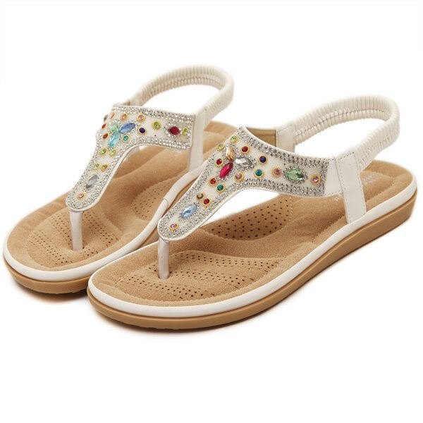 Rhinestone Bohemian Beach Flip Flops Peep Toe Flat Sandaler Tøfler For Kvinner