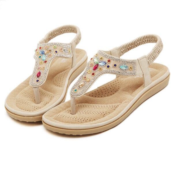 Rhinestone Bohemian Beach Flip Flops Peep Toe Flat Sandaler Tøfler For Kvinner