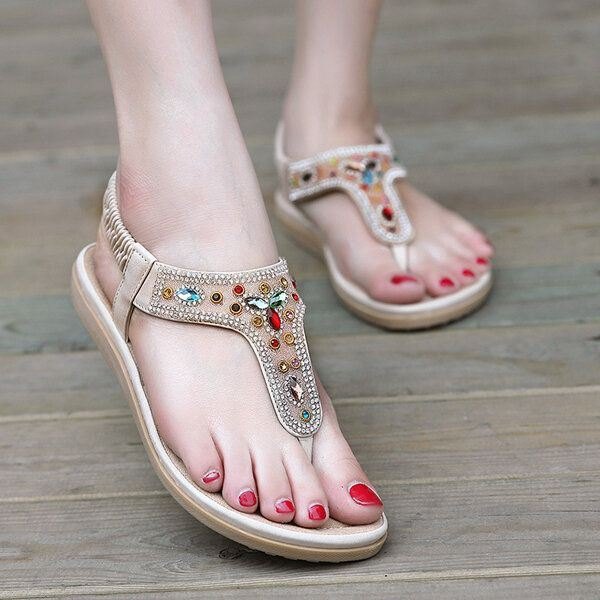 Rhinestone Bohemian Beach Flip Flops Peep Toe Flat Sandaler Tøfler For Kvinner