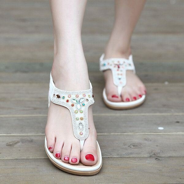 Rhinestone Bohemian Beach Flip Flops Peep Toe Flat Sandaler Tøfler For Kvinner