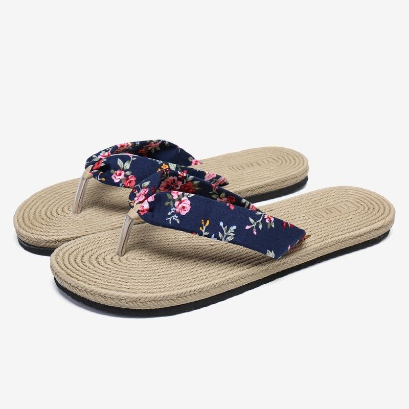 Womens Clip Toe Floral Massasjesåler Beach Flats Sandaler