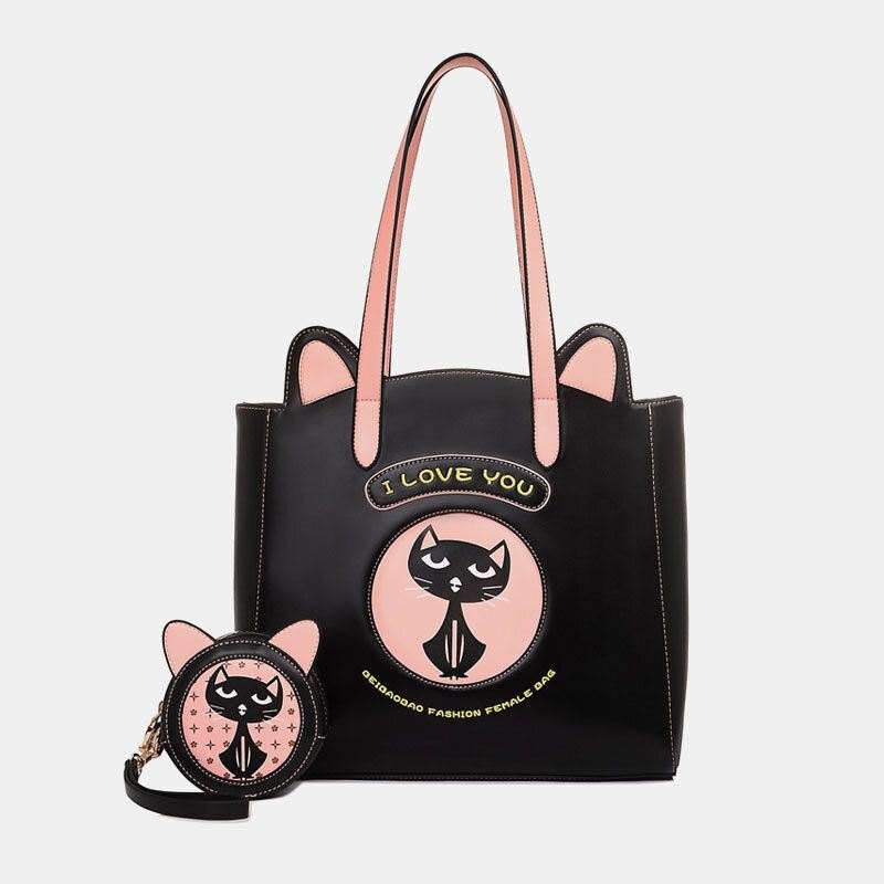 2stk Damemote Crossbody-veske Kattmønster Håndveske