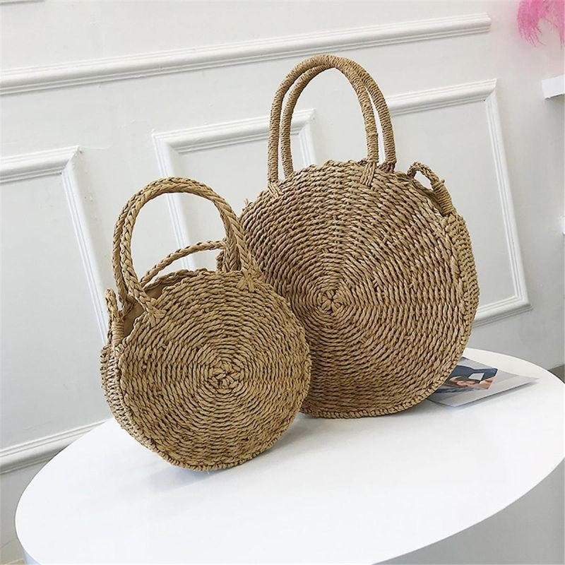 Bohemia Rattan Straw Bag Dame Straw Handbag Rund Strand 110cm Lengde Polyester