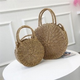 Bohemia Rattan Straw Bag Dame Straw Handbag Rund Strand 110cm Lengde Polyester