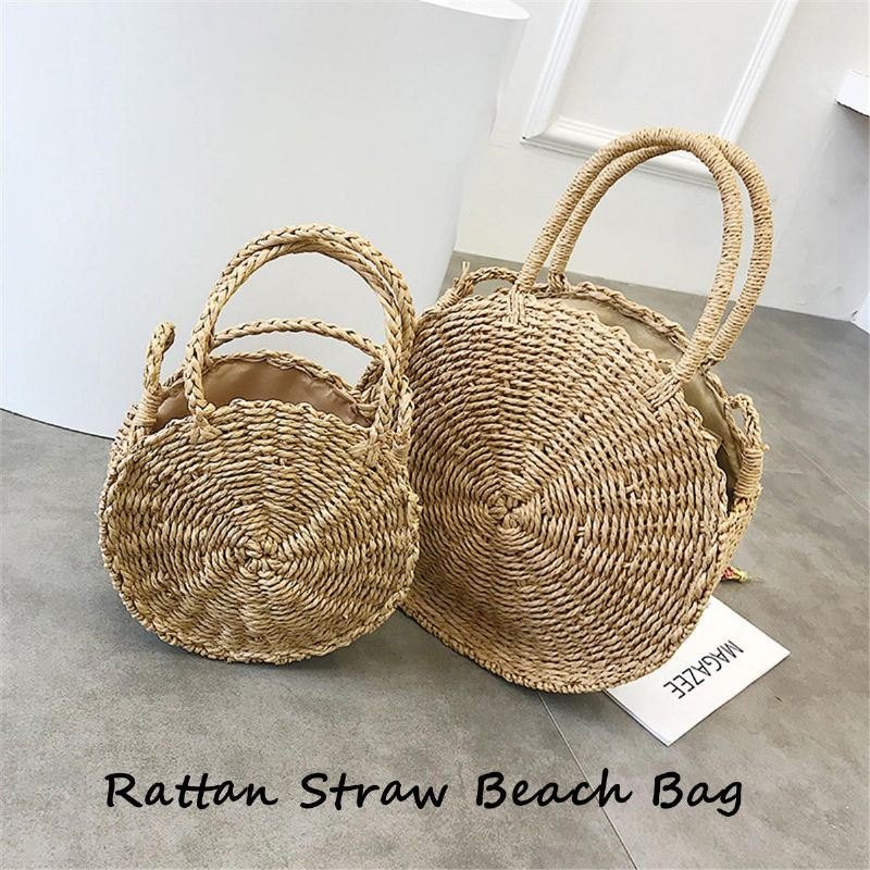 Bohemia Rattan Straw Bag Dame Straw Handbag Rund Strand 110cm Lengde Polyester