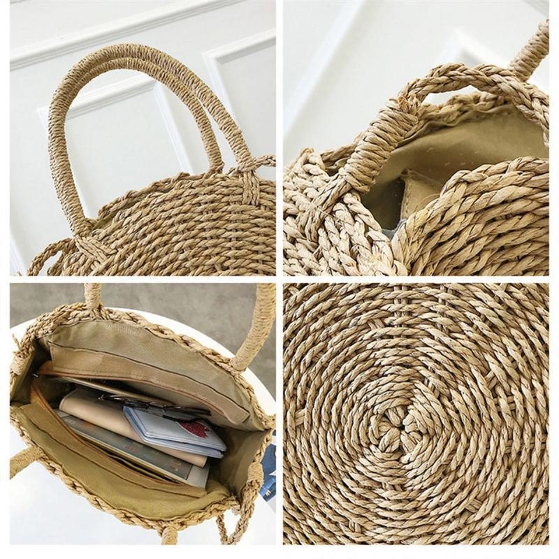 Bohemia Rattan Straw Bag Dame Straw Handbag Rund Strand 110cm Lengde Polyester