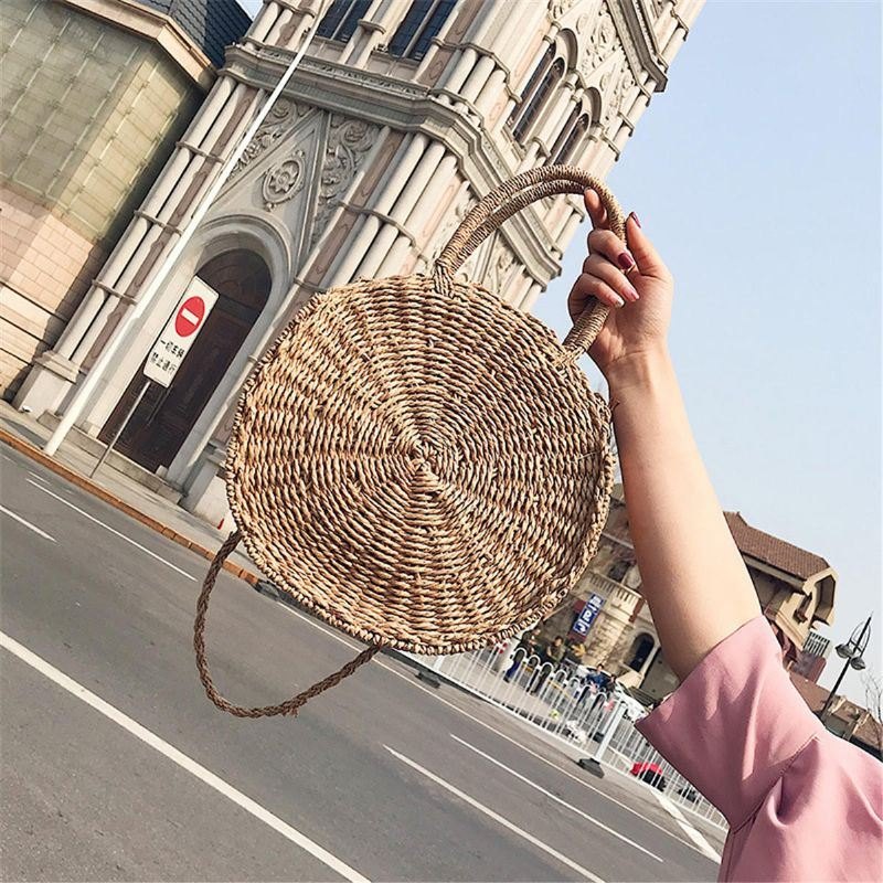 Bohemia Rattan Straw Bag Dame Straw Handbag Rund Strand 110cm Lengde Polyester