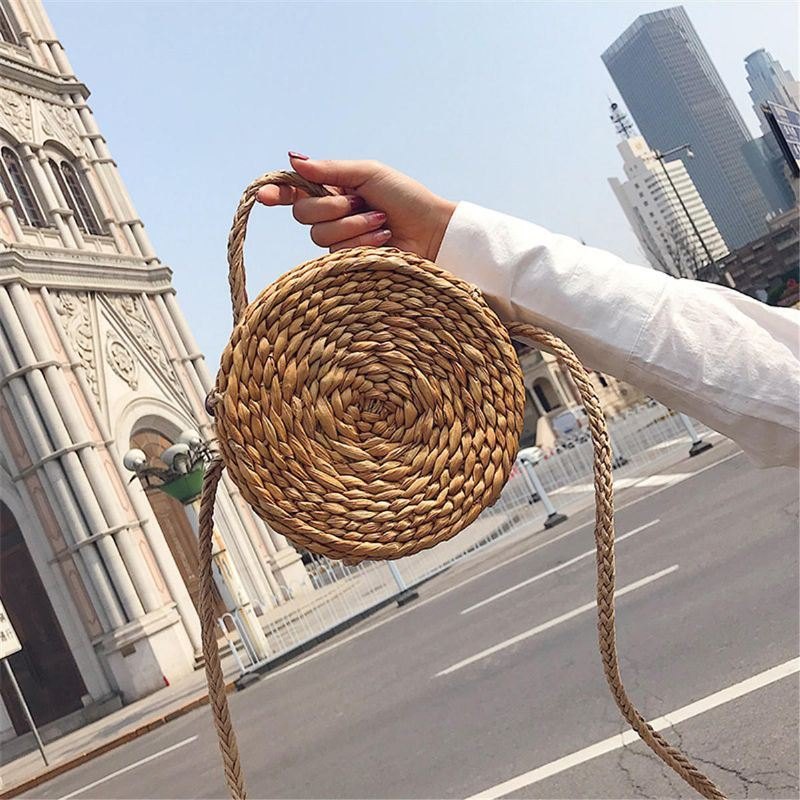 Bohemia Rattan Straw Bag Dame Straw Handbag Rund Strand 110cm Lengde Polyester