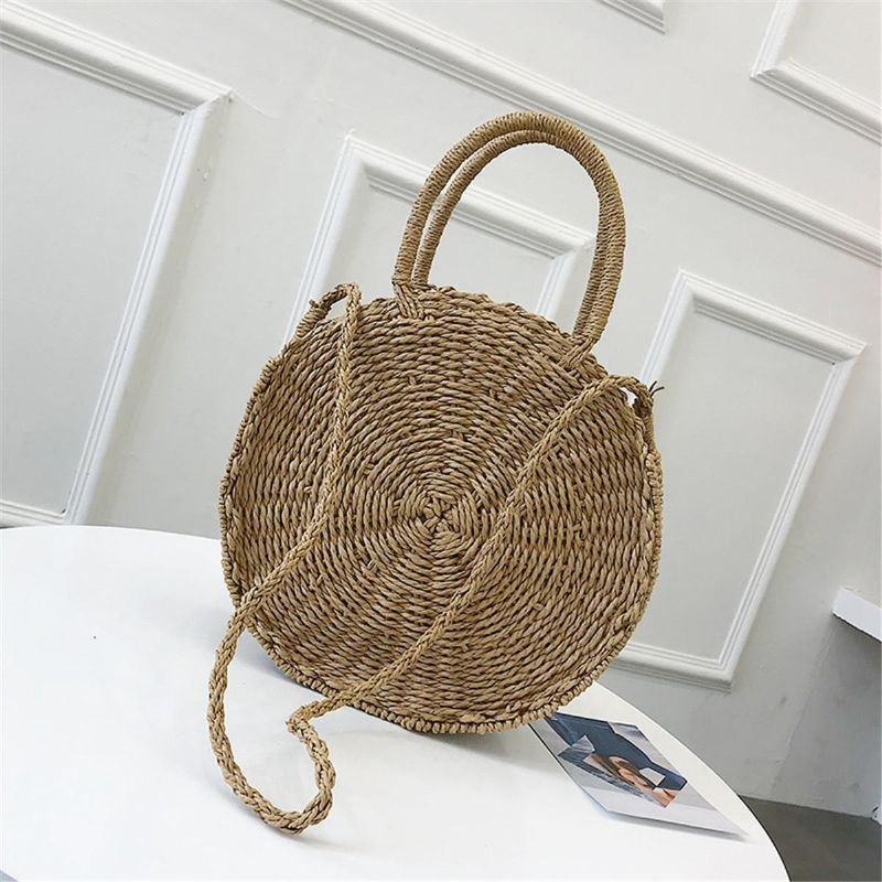 Bohemia Rattan Straw Bag Dame Straw Handbag Rund Strand 110cm Lengde Polyester