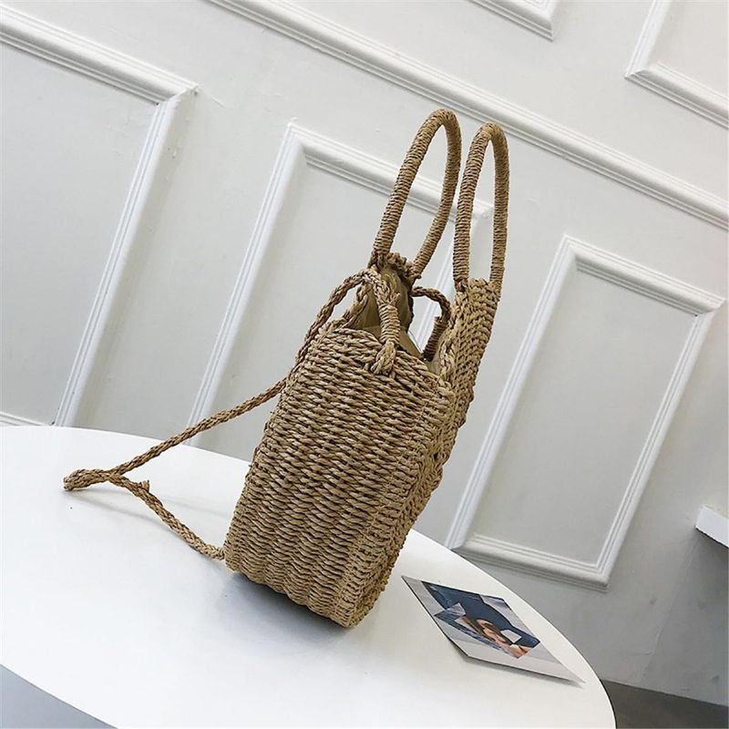 Bohemia Rattan Straw Bag Dame Straw Handbag Rund Strand 110cm Lengde Polyester