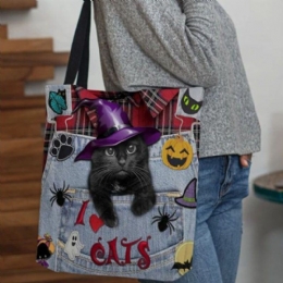 Dame Canvas Magic Hat Tredimensjonal 3d Cute Black Cat Handbag Tote Skulderveske