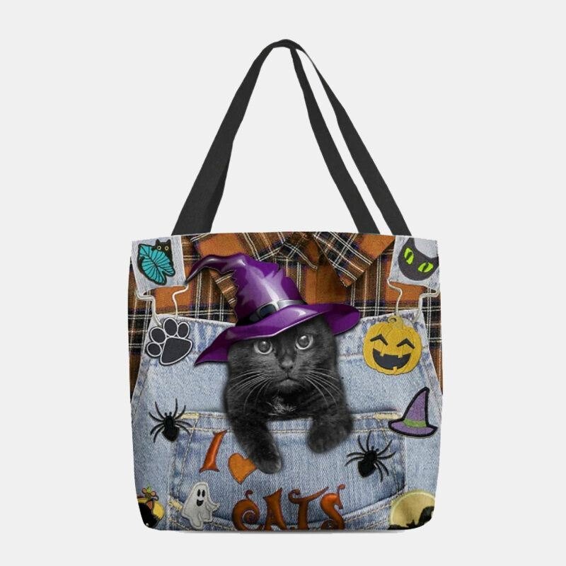 Dame Canvas Magic Hat Tredimensjonal 3d Cute Black Cat Handbag Tote Skulderveske