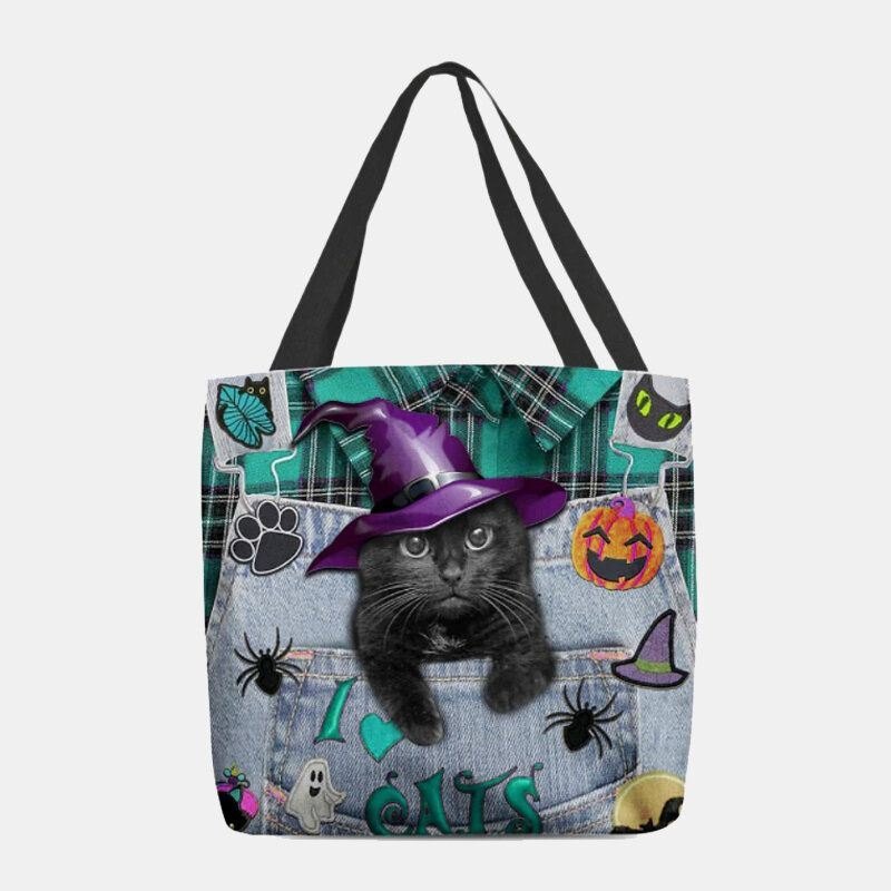 Dame Canvas Magic Hat Tredimensjonal 3d Cute Black Cat Handbag Tote Skulderveske