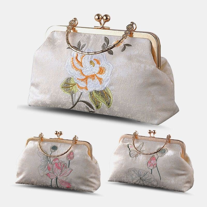 Dame Elegant Kinesisk Stil Blomstermønster Broderi Håndveske Utsøkt Hardware Design Fintekstur Stoff Cheongsam Clutch Bag