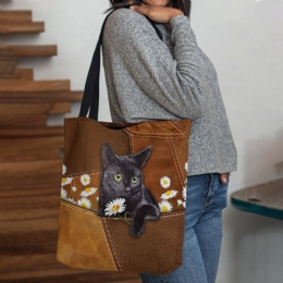 Dame Føltes Søt 3d Tredimensjonal Black Cat Daisy Pattern Skulderveske Håndveske Tote