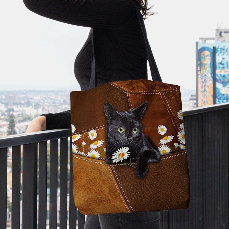 Dame Føltes Søt 3d Tredimensjonal Black Cat Daisy Pattern Skulderveske Håndveske Tote