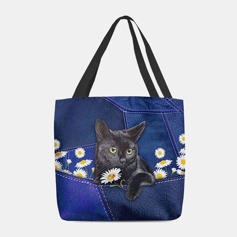 Dame Føltes Søt 3d Tredimensjonal Black Cat Daisy Pattern Skulderveske Håndveske Tote