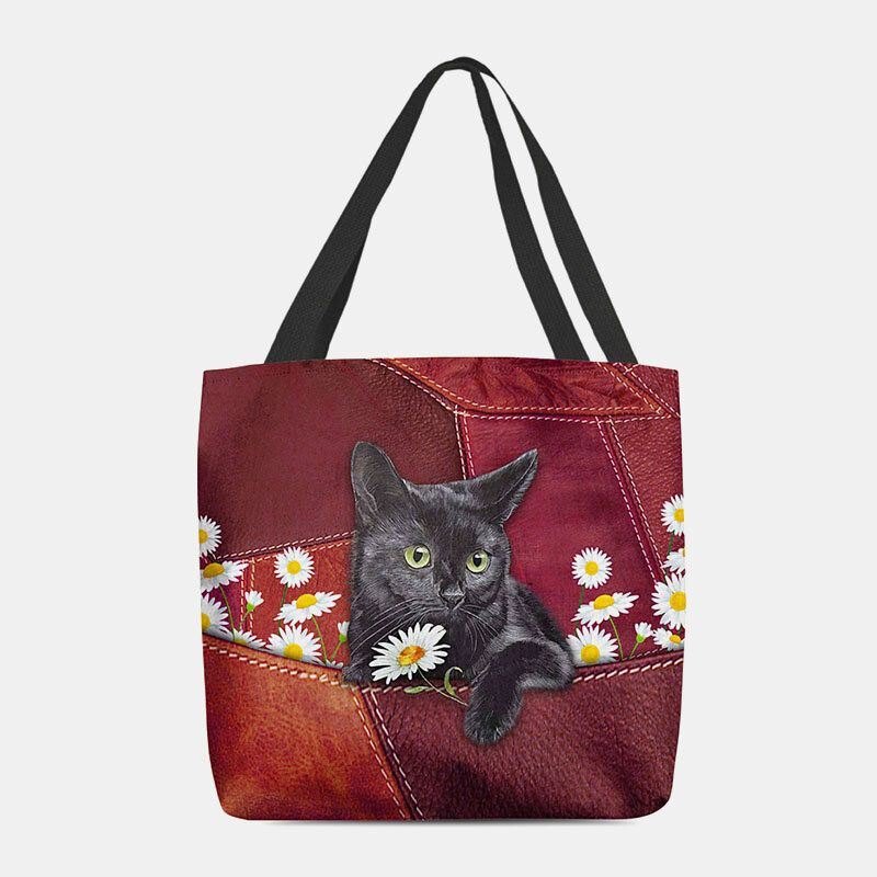 Dame Føltes Søt 3d Tredimensjonal Black Cat Daisy Pattern Skulderveske Håndveske Tote