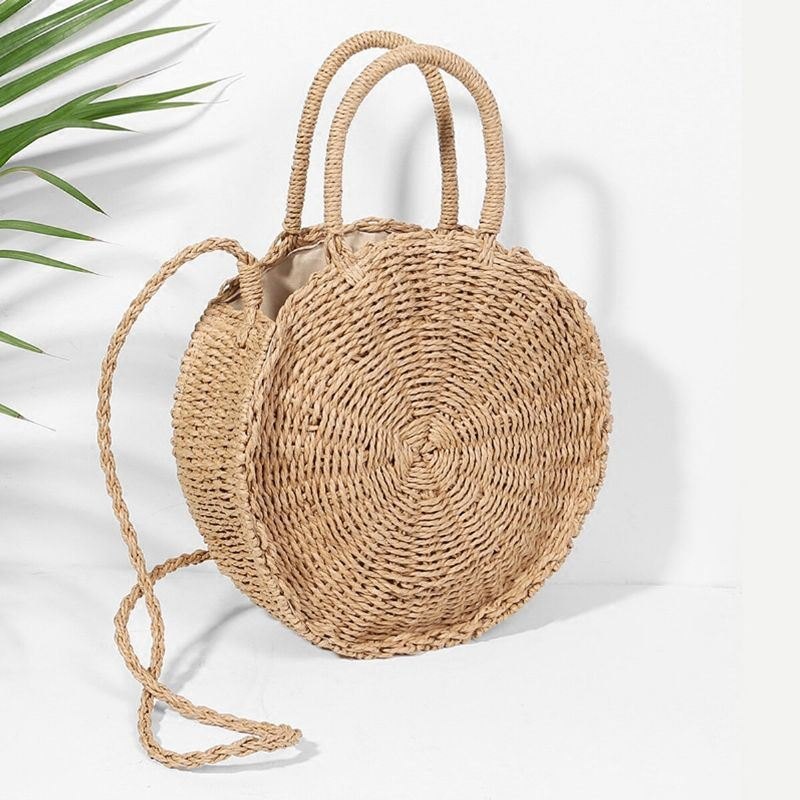 Dame Håndvevd Veske Rund Rattan Straw Bohemia Style Beach Circle Beach Bags