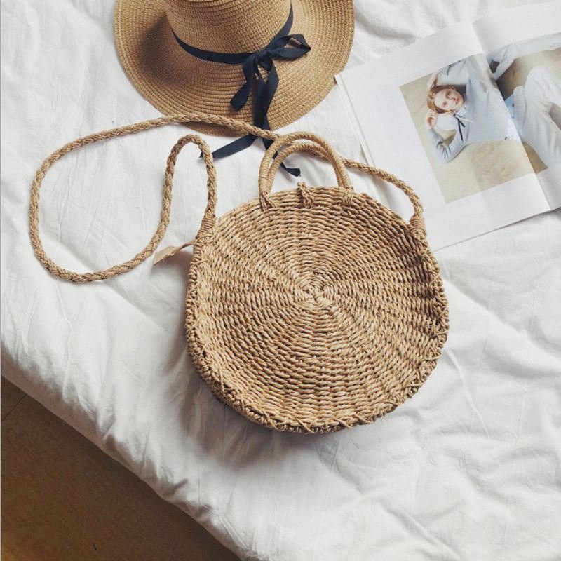 Dame Håndvevd Veske Rund Rattan Straw Bohemia Style Beach Circle Beach Bags