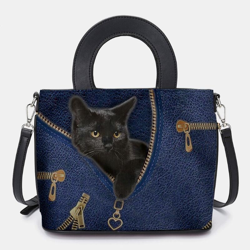 Dame Kunstskinn Tegneserie Svart Kattemønster Multi-bære Veske Crossbody Veske Satchel Bag