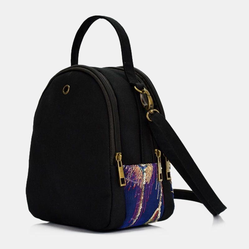 Dame Lerret Etnisk Stil Broderi Påfuglmønster Paljett Mini Multi-bære Veske Crossbody Bag