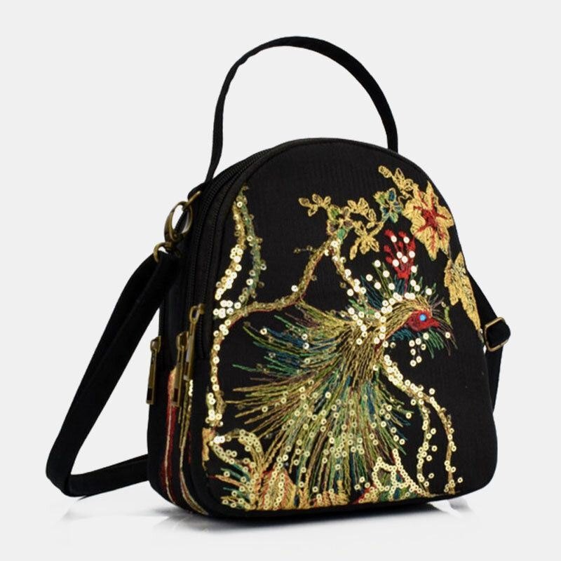 Dame Lerret Etnisk Stil Broderi Påfuglmønster Paljett Mini Multi-bære Veske Crossbody Bag